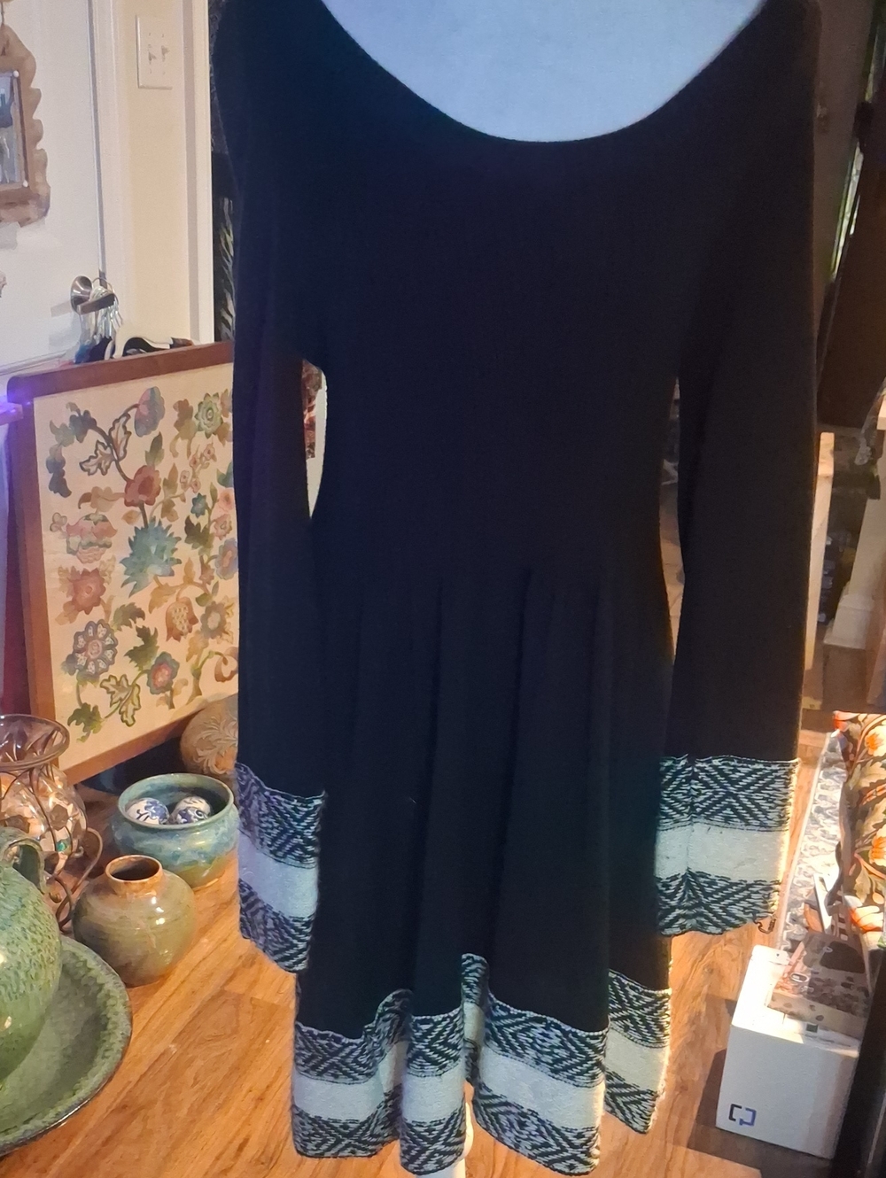 A Black Long-Sleeve Sweater Dress with Patterned Trim By Copper Key Size XL